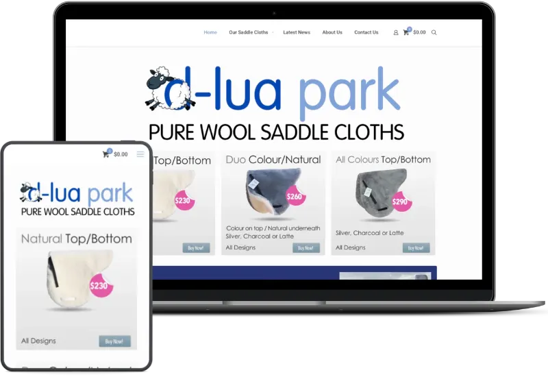 D-Lua Park saddle cloths online store shown on desktop and mobile